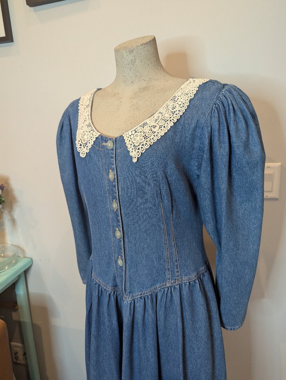 Vintage prairIe Blue Denim Chambray Modest Cottagecore Dress w/Lace Collar Sz L - Picture 8 of 13